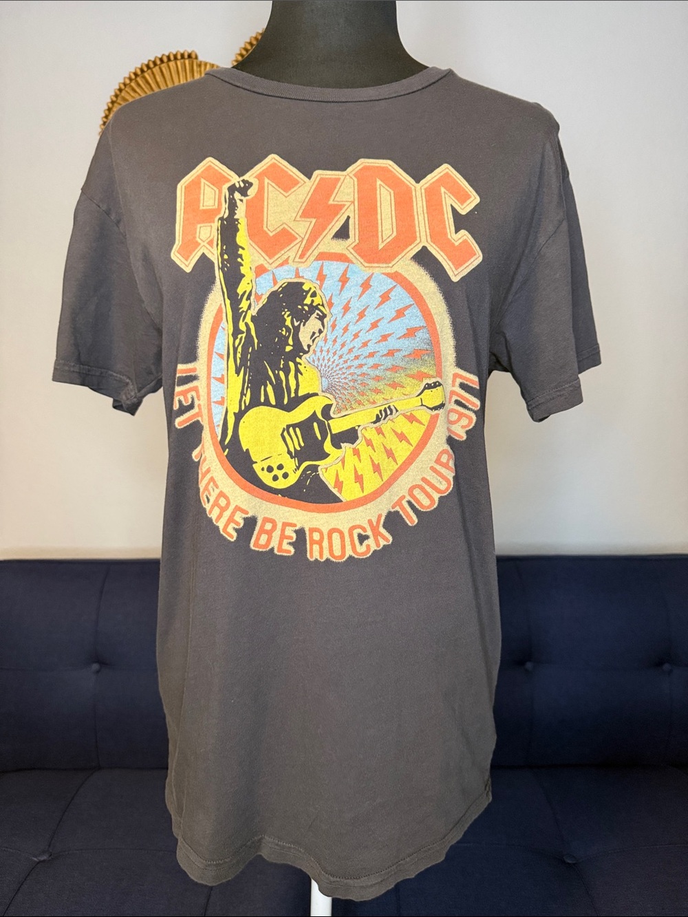 AC/DC Gray Short-Sleeve Graphic Cotton Tee Let there be Rock Tour 1977 Small